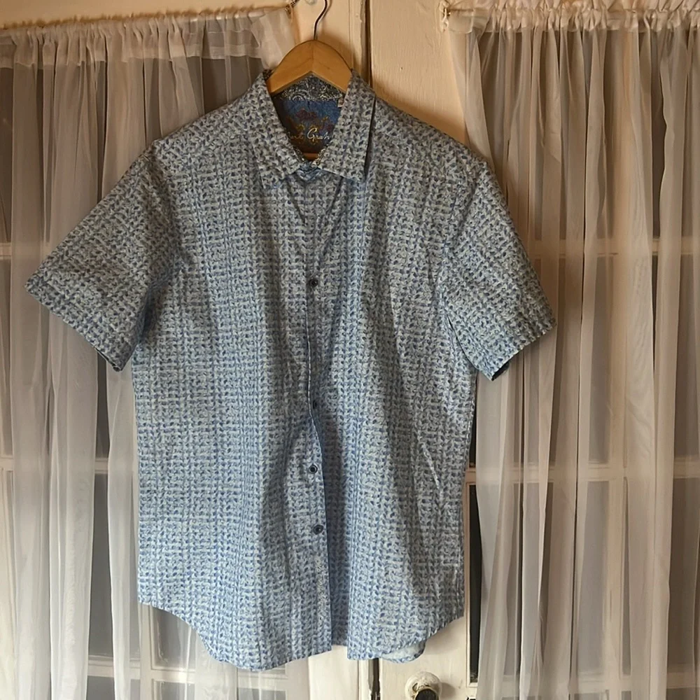 Robert Graham Classic Fit Cotton Geometric Short Sleeve Shirt Men’s Large Blue